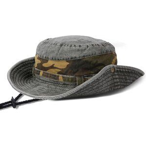 Unisex Military Green 100% Cotton Wide Brim Boonie Chin Strap Classic Bucket Hat